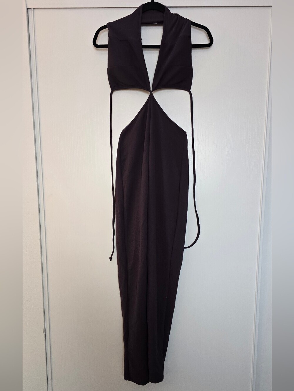 Charlotte Russe - Greyish-Brown Lightweight Halter Tie Open Jumpsuit
